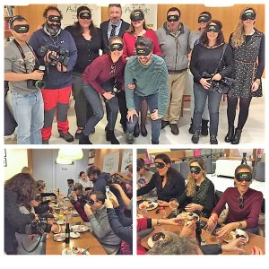 Collage de imágenes de los periodistas que compartieron el desayuno a ciegas