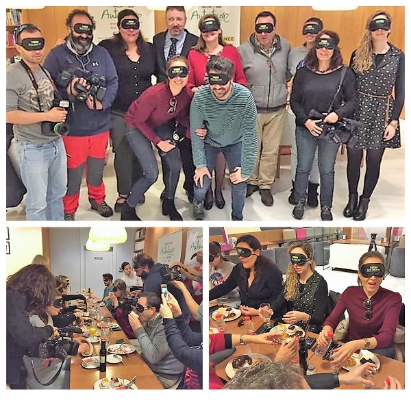 Collage de imágenes de los periodistas que compartieron el desayuno a ciegas