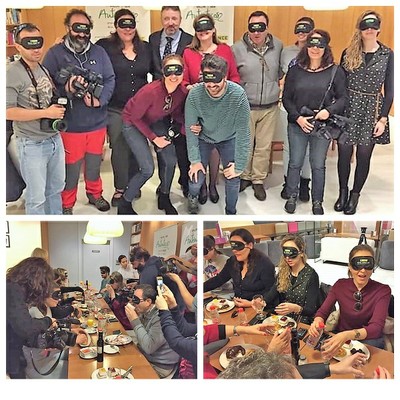 Collage de imágenes de los periodistas que compartieron el desayuno a ciegas