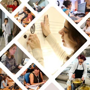 Collage de imágenes de mujeres afiliadas trabajando en distintas áreas del Grupo Social ONCE