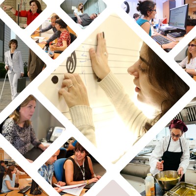 Collage de imágenes de mujeres afiliadas trabajando en distintas áreas del Grupo Social ONCE