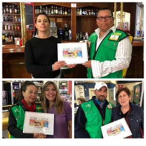 Collage de vendedores ONCE entregando el cupón enmarcado a varias hosteleras almerienses en sus respectivos locales