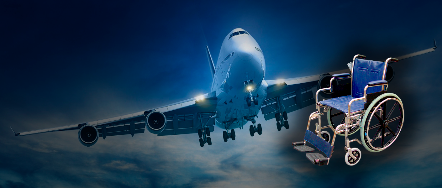 Fotomontaje con un avión y una silla de ruedas