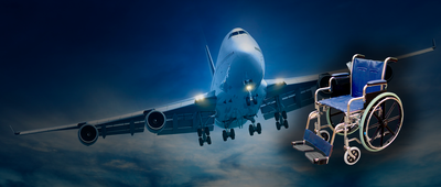 Fotomontaje con un avión y una silla de ruedas