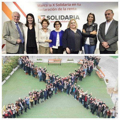 Montaje gráfico con los participantes en el coloquio (arriba) y debajo la 'X Solidaria' formada por los asistentes en el patio de la sede de Cruz Roja