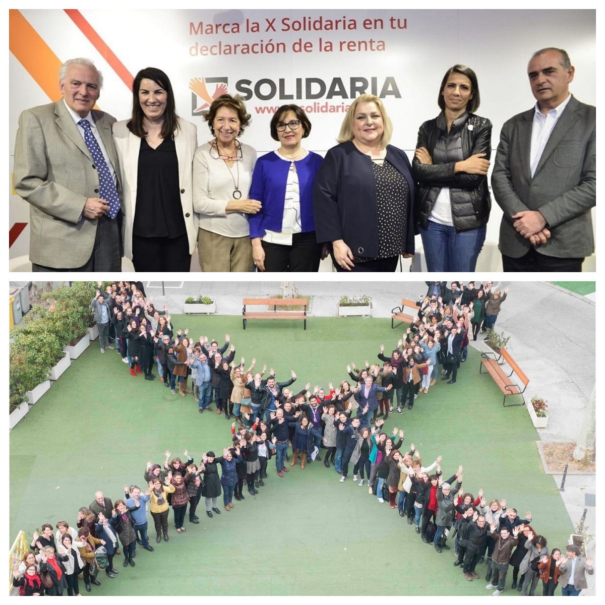 Montaje gráfico con los participantes en el coloquio (arriba) y debajo la 'X Solidaria' formada por los asistentes en el patio de la sede de Cruz Roja