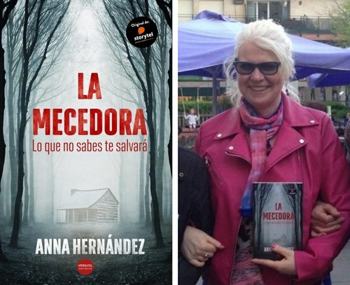 Anna Hernández junto a la portada de 'La Mecedora'