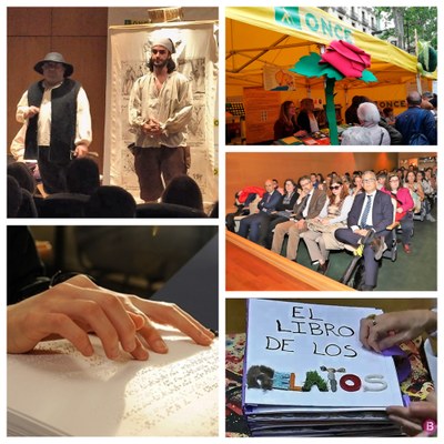 Collage gráfico con distintos momentos e iniciativas de la celebración por la ONCE del Día del Libro 2019