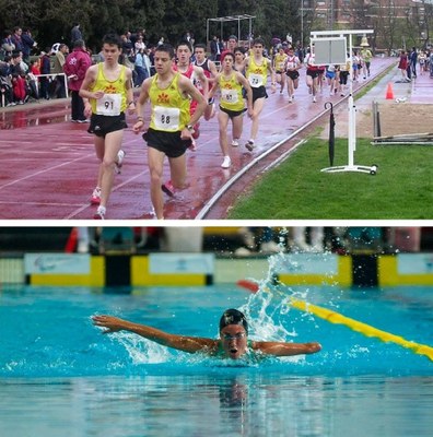 Arriba, una carrera en un ámbito universitario. Abajo una nadadora con discapacidad (amputada) en el desarrollo de una prueba de mariposa