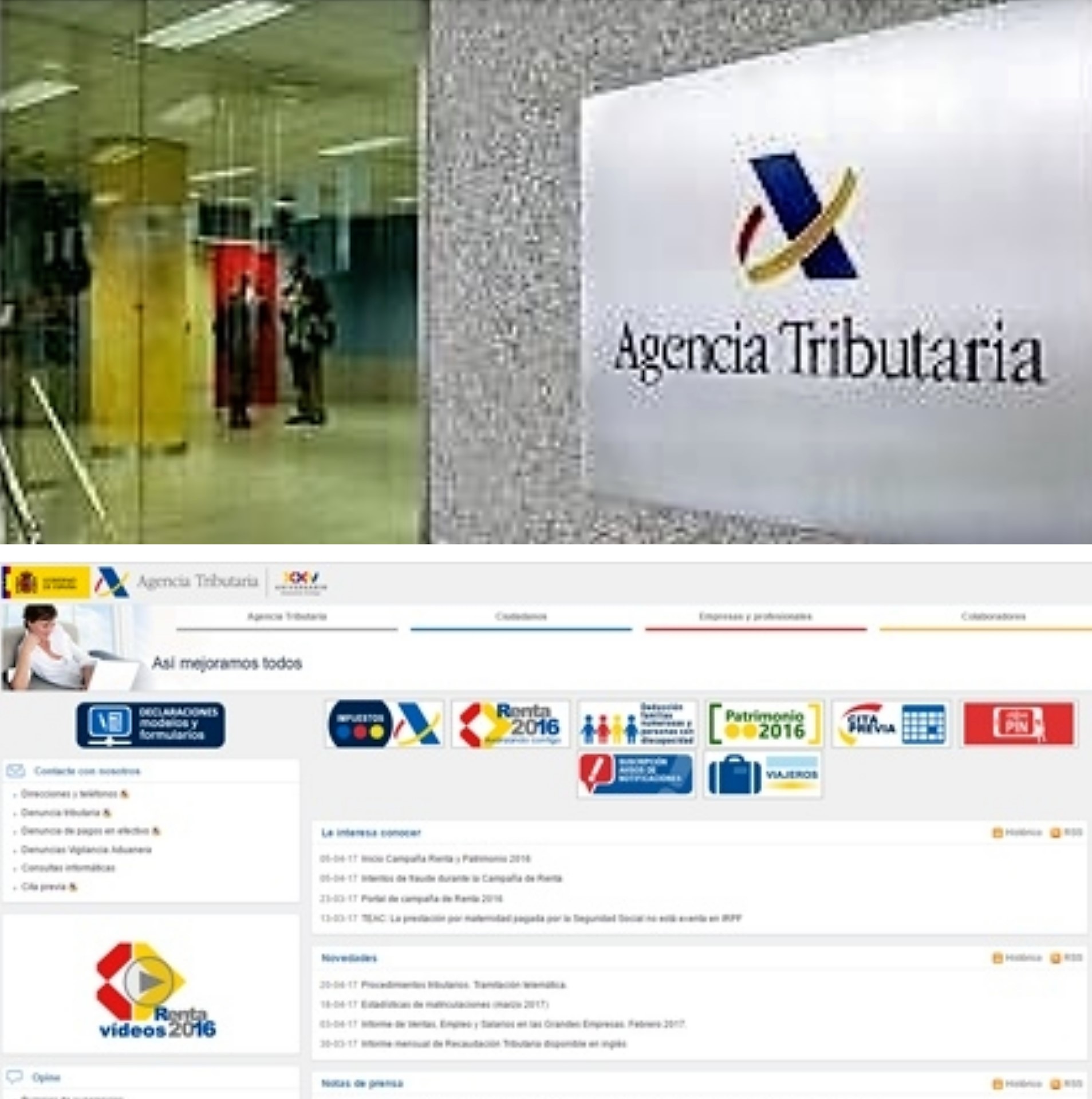 Collage con una sede de la Agencia Tributaria (arriba) y su página web
