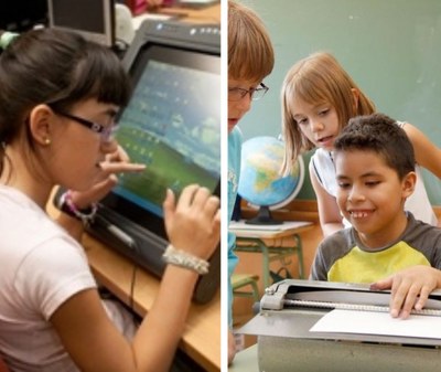 Dos pequeños afiliados en ambiente escolar: una niña manejándose con una pantalla de ordenador y un chico con su máquina Perkins