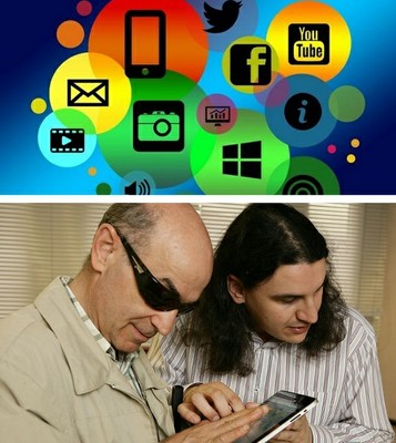 Arriba imagen con pictogramas alusivos a las nuevas tecnologías. Abajo dos personas afiliadas utilizando una tablet