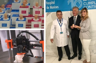 A la izquierda la reproducción del bebé en silicona, abajo la impresora 3D en funcionamiento. Y a la derecha los responsables del Hospital y de la ONCE en Valencia.