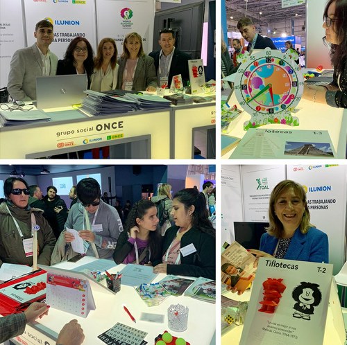 Collage de imágenes del estand del Grupo Social ONCE en Tecnópolis durante la Cumbre.