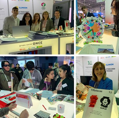 Collage de imágenes del estand del Grupo Social ONCE en Tecnópolis durante la Cumbre.
