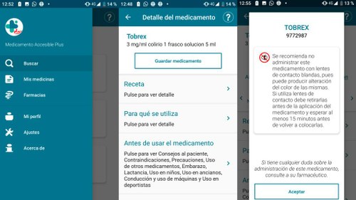 Ejemplo de búsqueda de un medicamento en la app Medicamento Accesible Plus, tras personalizar el perfil del usuario.
