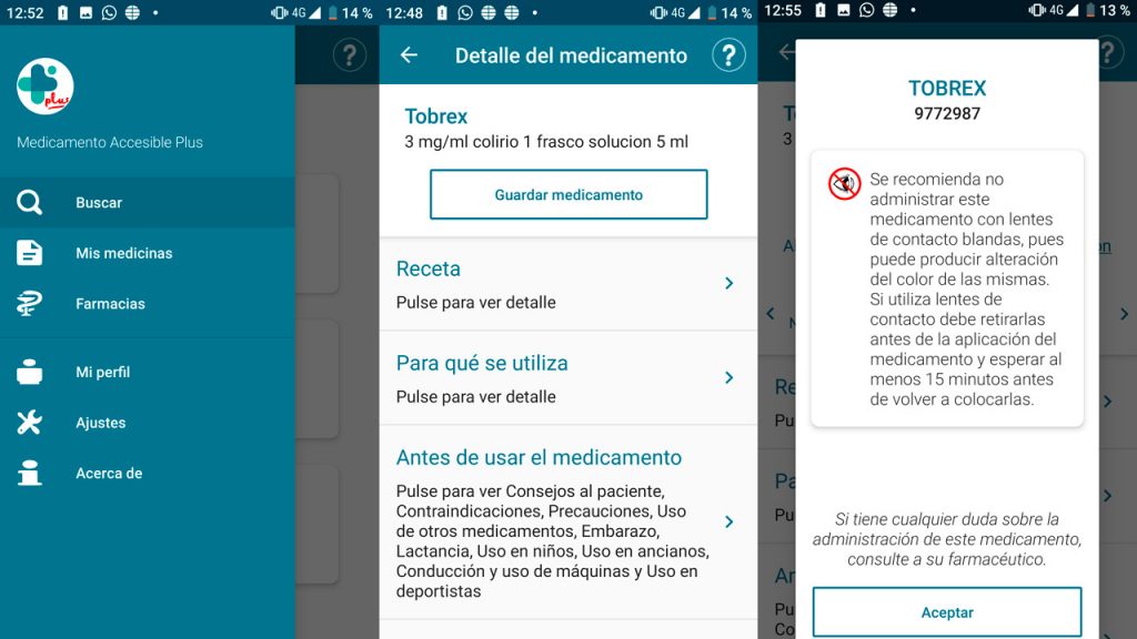 Ejemplo de búsqueda de un medicamento en la app Medicamento Accesible Plus, tras personalizar el perfil del usuario.