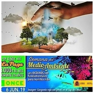 Montaje gráfico con unos manos protegiendo simbólicamente la Naturaleza y, abajo, reproducción de uno de los cupones dedicados por la ONCE