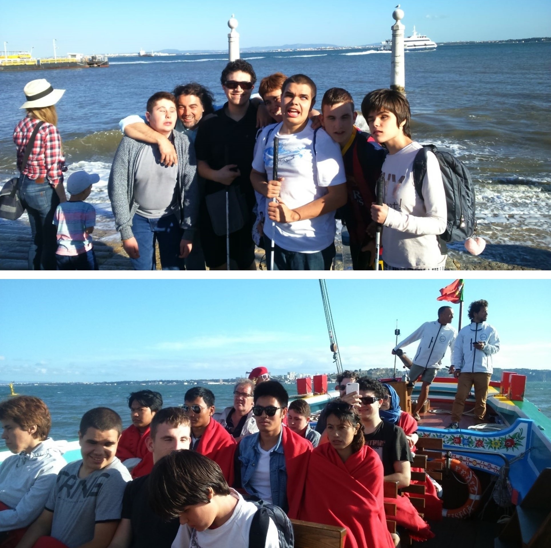 Arriba, el grupo posa frente a las costa atlántica. Abajo, durante su paseo en barca por la espectacular desembocadura del Tajo