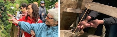 A la izquierda, varias afiliadas conocen al tacto la flora característica del bosque. A la derecha,  sintiendo, también al tacto, cómo cae el grano molido en el molino