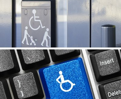 Emblemas de la UNE en defensa de la accesibilidad a espacios públicos (arriba) y a las nuevas tecnologías (abajo)