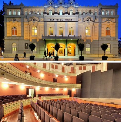 Montaje gráfico con (arriba) la fachada del Teatro Romea y, abajo, vista del interior del Teatro Circo