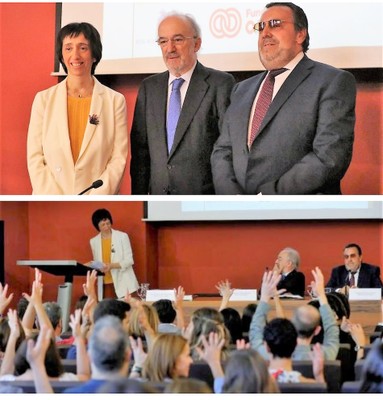 Montaje gráfico con (arriba) Muñoz Machado flanqueado por Concha Díaz y Miguel Carballeda. Y, abajo, personas sordas aplaudiendo con el signo en LSE la intervención de Díaz en el acto