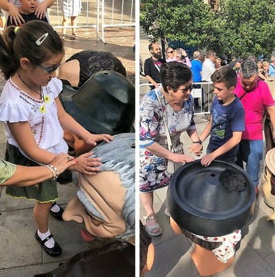Montaje gráfico con niños y mayores conociendo al tacto las cabezas de los cabezudos de Granada