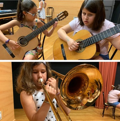 Arriba, dos de las niñas participantes tocan la guitarra; abajo, la intérprete del trombón