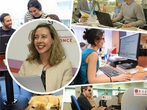 Collage de imágenes de trabajadores y trabajadoras del GSO, junto a Patricia Sanz