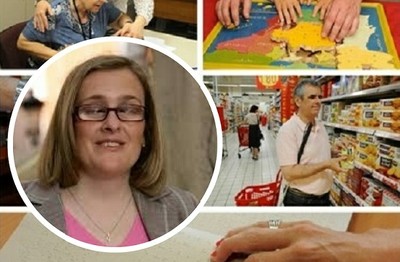 Imelda Fernández en el centro de la imagen, sobre fondo de personas ciegas utilizando el braille en actividades diarias