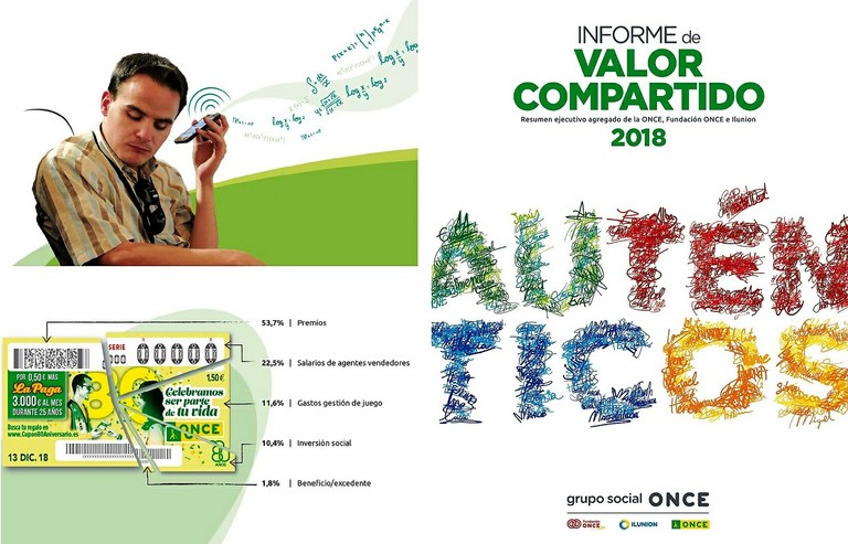 Collage gráfico con la portada del Informe de Valor Compartido 2019 y las imágenes de un afiliado utilizando su móvil con terminal audio y de la distribución de la recaudación por juego de la ONCE