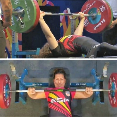 Collage gráfico con Loida (arriba) y Montse (abajo), en dos de sus levantamientos en Kazajistán