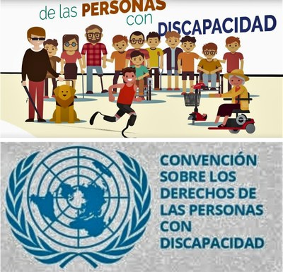 Collage gráfico con un cartel representativo de personas con distintos tipos de discapacidad (arriba) y debajo el logo de la Convención de la ONU