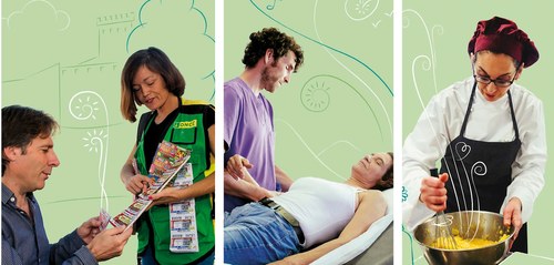 Collage gráfico de una vendedora de la ONCE expendiendo un cupón, un afiliado fisioterapeuta en su consulta y una persona con discapacidad trabajando en la cocina de un restaurante