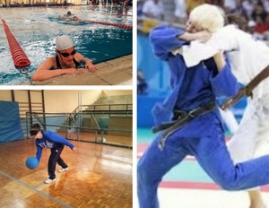 Montaje gráfico con afiliadas a la ONCE practicando goalball, natación y judo
