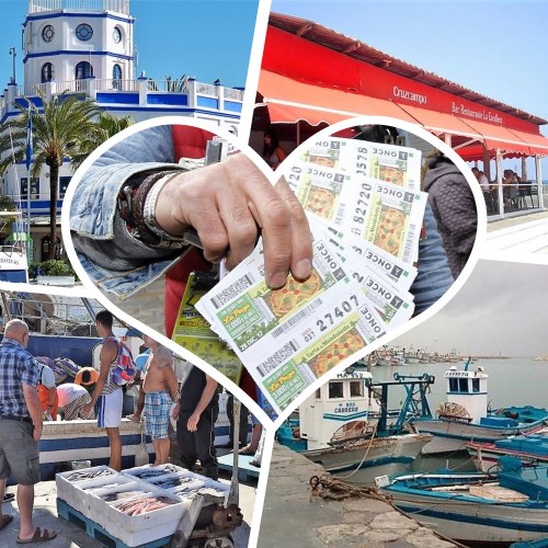 Montaje gráfico con diversas estampas de los puertos pesquero y deportivo de Estepona, junto a la de un vendedor con su TPV