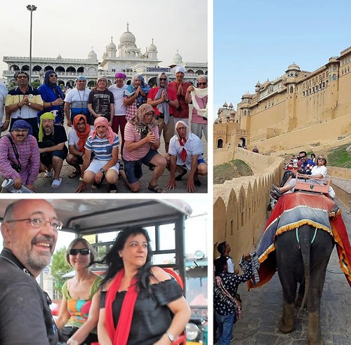 Montaje gráfico con escenas del grupo ante un templo, el trayecto a lomos de elefantes y la visita en rickshaws