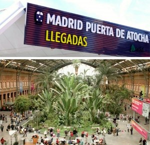 Montaje gráfico con una imagen del sector de 'Llegadas' de la estación y otra del hall principal con su jardín interior 