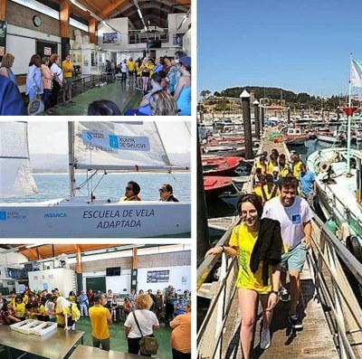 Collage con distintas imágenes de la recepción, la visita a la lonja, la navegación en velero y el desembarco final de la jornada de Baiona