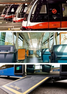 Montaje gráfico con una serie de trenes y autobuses sin barreras fabricados por Alstom