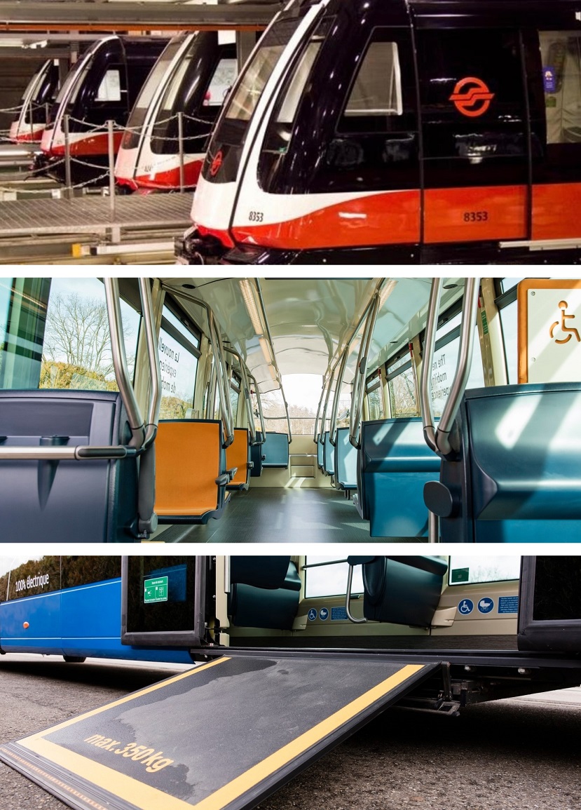 Montaje gráfico con una serie de trenes y autobuses sin barreras fabricados por Alstom