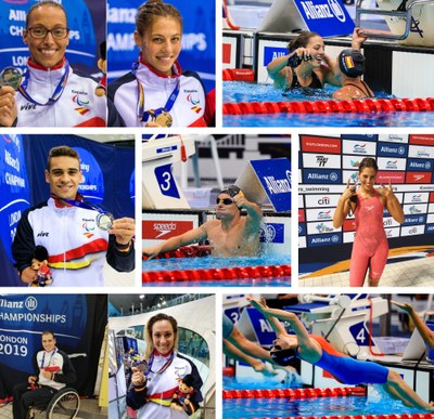 De arriba a abajo y de izd a dcha: Teresa Perales y Nuria Marqués; Marqués junto a Sarai Gascón en la piscina; Óscar Salguero; Jacobo Garrido, Michelle Alonso, Toni Ponce y Sarai Gascón y, en la última, María Delgado. 