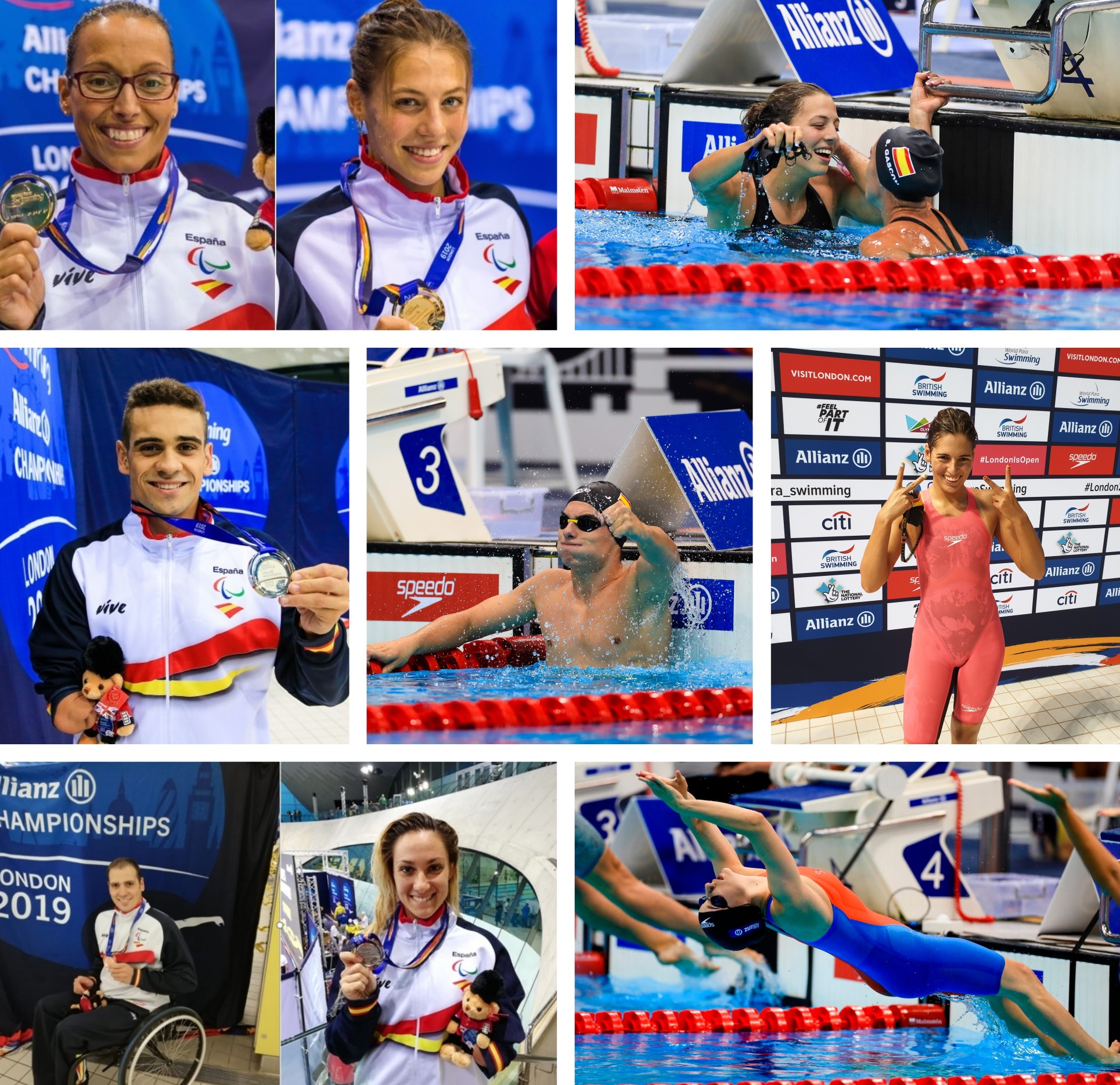 De arriba a abajo y de izd a dcha: Teresa Perales y Nuria Marqués; Marqués junto a Sarai Gascón en la piscina; Óscar Salguero; Jacobo Garrido, Michelle Alonso, Toni Ponce y Sarai Gascón y, en la última, María Delgado. 