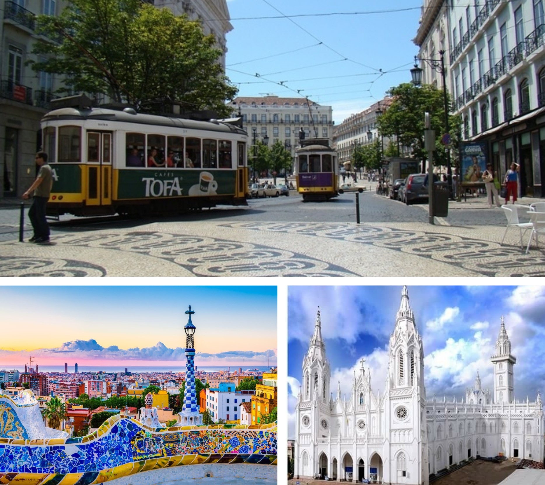 Arribla, calle de Lisboa con tranvías. Abajo, vista de Barcelona desde el Parque Güells y Basílica de Nuestra Señora de los Dolores de Thrissur