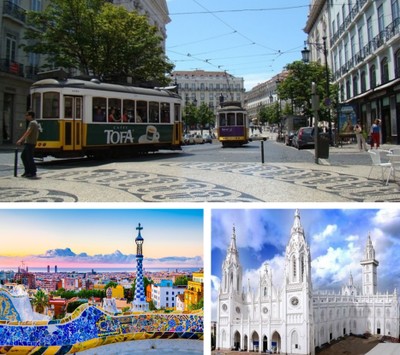 Arribla, calle de Lisboa con tranvías. Abajo, vista de Barcelona desde el Parque Güells y Basílica de Nuestra Señora de los Dolores de Thrissur Arribla, calle de Lisboa con tranvías. Abajo, vista de Barcelona desde el Parque Güells y Basílica de Nuestra Señora de los Dolores de Thrissur