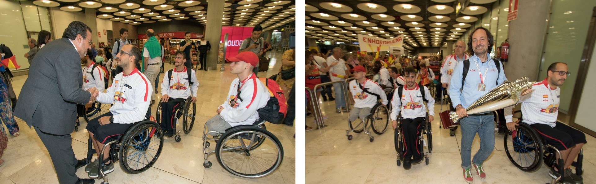 A la izquierda el presidente del CPE, Miguel Carballeda, saluda a los jugadores a su llegada a Madrid. A la izquierda, Óscar Trigo con el trofeo en sus manos y detrás el equipo saliendo por la terminal del aeropuerto madrileño.