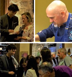 Ángel Palacios (arriba a la derecha), en plena faena en los fogones, y Andrés Pascual, en la cena, firmando ejemplares y saludando a admiradores