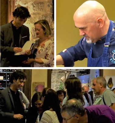 Ángel Palacios (arriba a la derecha), en plena faena en los fogones, y Andrés Pascual, en la cena, firmando ejemplares y saludando a admiradores