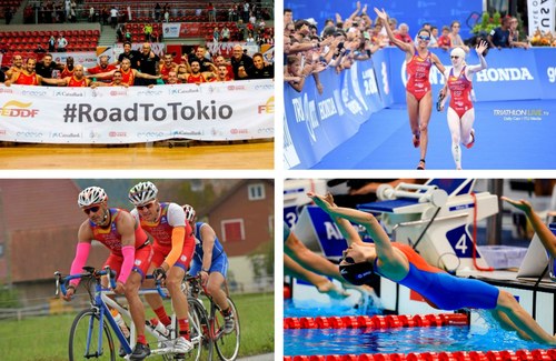 Arriba, de izq. a dcha., equipo de baloncesto y entrada de Susana en el mundial de Triatlón. Abajo, Fernando Riajo y Jesús Celeda en competición, medallistas españoles en Londres.